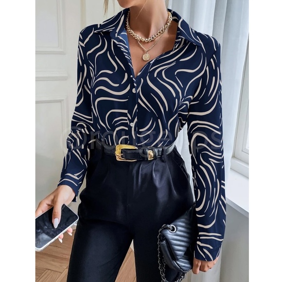 Abstract Print Button Down Collared Long Sleeve Dress Shirt Top Navy Blue - Picture 4 of 8